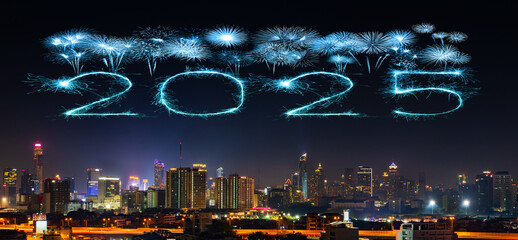 2025 happy new year fireworks in Bangkok city at night, Thailand..