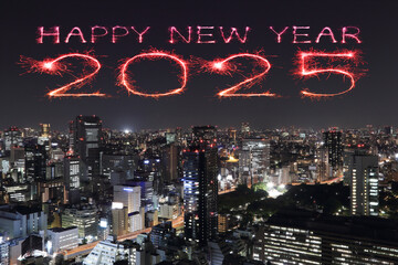 2025 happy new year fireworks over Tokyo cityscape at night, Japan.
