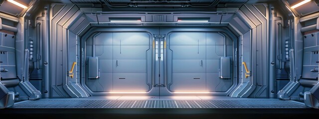 Metal sliding doors of a futuristic spaceship. Cartoon illustration.