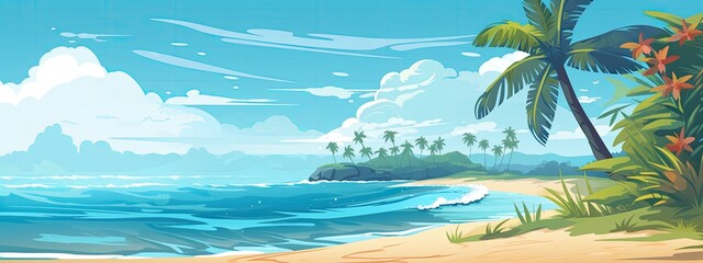 Seaside landscape of tropical summer beach. Cartoon illustration