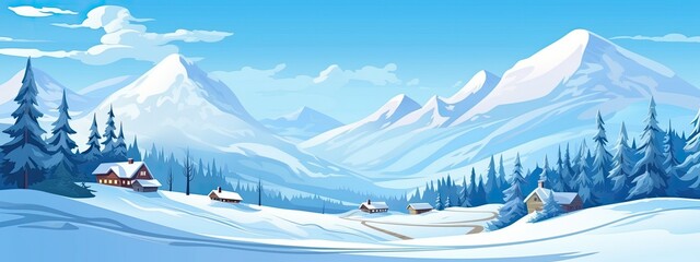 Ski resort with snowy hill and and small cozy houses. Cartoon landscape.