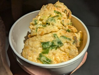 Fried tempe Mendoan inside of the bowl, Traditional food from Indonesia made of beans.