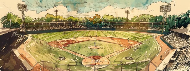 The landscape of a baseball stadium painted in watercolor. Retro or vintage illustration