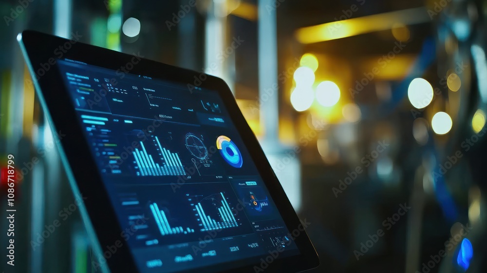 Poster A digital tablet displaying data analytics and graphs in an industrial setting.