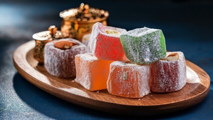 Authentic Turkish delight lokum with vibrant colors and dusting of powdered sugar  
