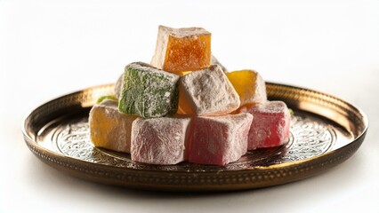 Close-up of colorful Turkish delight lokum covered in powdered sugar on table  
