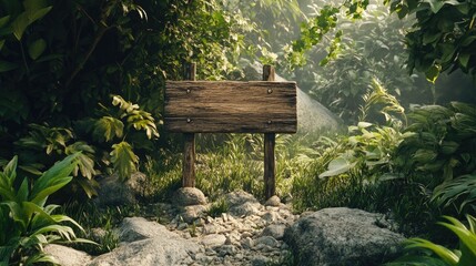 Naklejka premium A rustic wooden sign stands amidst lush greenery in a serene forest setting.