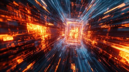 An abstract representation of a digital tunnel with glowing blue and orange lights.