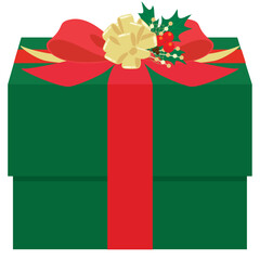 クリスマスのプレゼント（赤と金のリボン、ヒイラギの飾り、緑のギフトボックス）のベクターイラスト