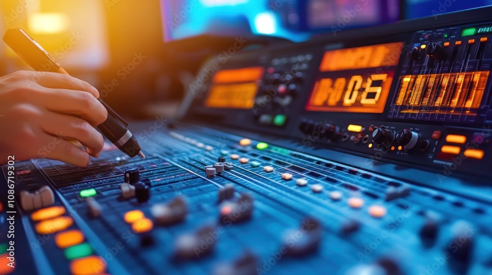 Poster A close-up of a sound mixing console with a hand adjusting controls.