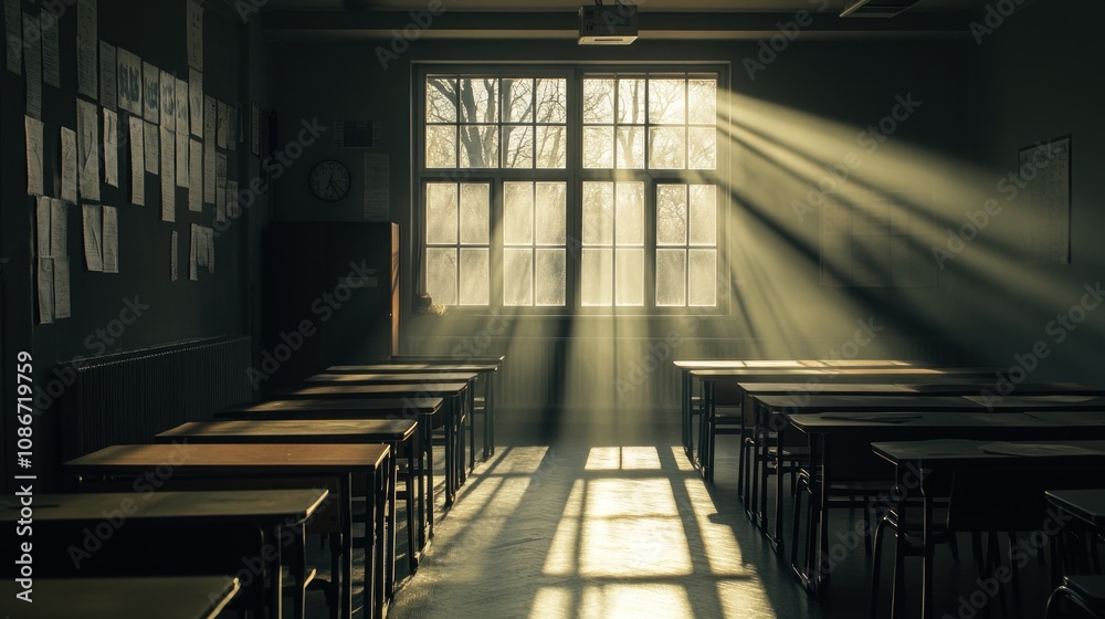 Poster a sunlit classroom with empty desks, creating a serene and contemplative atmosphere.