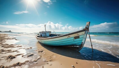 Fototapeta premium Canoe on the tropical sandy beach. Beautiful summer landscape of tropical island with boat in ocean. Transition of sandy beach into turquoise water. Travel and vacation concept.