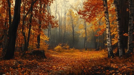 Obraz premium A serene autumn forest scene filled with vibrant orange and yellow leaves, creating a warm and tranquil atmosphere.