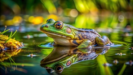 Obraz premium A Captivating Close-Up of a Frog in Swamp Water Gazing at the Camera, Perfectly Framed Using the Rule of Thirds for an Engaging Nature Photography Experience