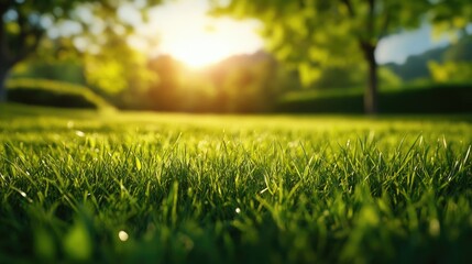 Naklejka premium Vibrant green grass in a sunlit park setting, exuding tranquility and natural beauty.
