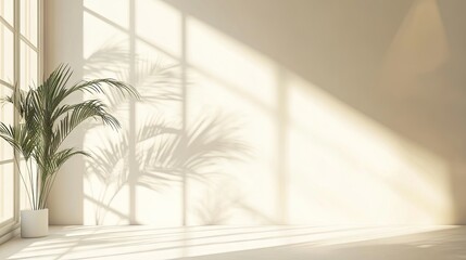 A serene interior with sunlight casting soft shadows from a lush green plant.