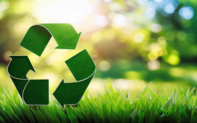 green recycling symbol on blurred nature background