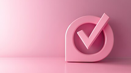 A glossy pink check mark symbol on a pastel background, representing approval and success.
