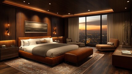3D luxury suite with a contemporary design, a statement bed, modern fixtures, and panoramic views