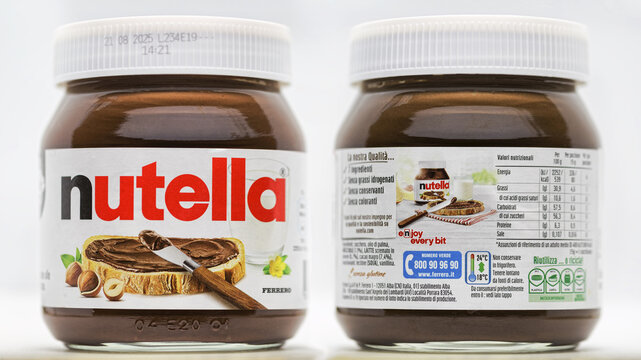 Jar of Nutella product by Ferrero since 1964 it's a world famous Italian hazelnut and cocoa spreadable cream,Rome, Italy - November 17, 2024