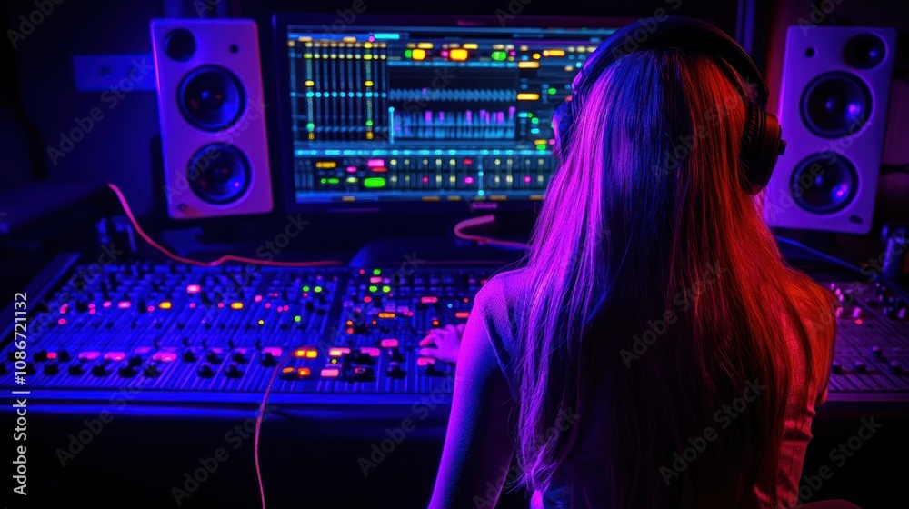 Aufkleber A person mixing music in a studio with colorful lighting and a digital interface.