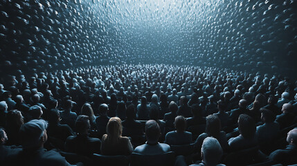 Obraz premium Rows of Floating Seats Hovering Above a Packed Seminar Hall, with Speakers Addressing the Audience from Below 