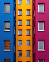 A vibrant image showcasing a colorful building with blue, yellow, and pink walls, featuring a series of rectangular windows in a symmetrical arrangement.