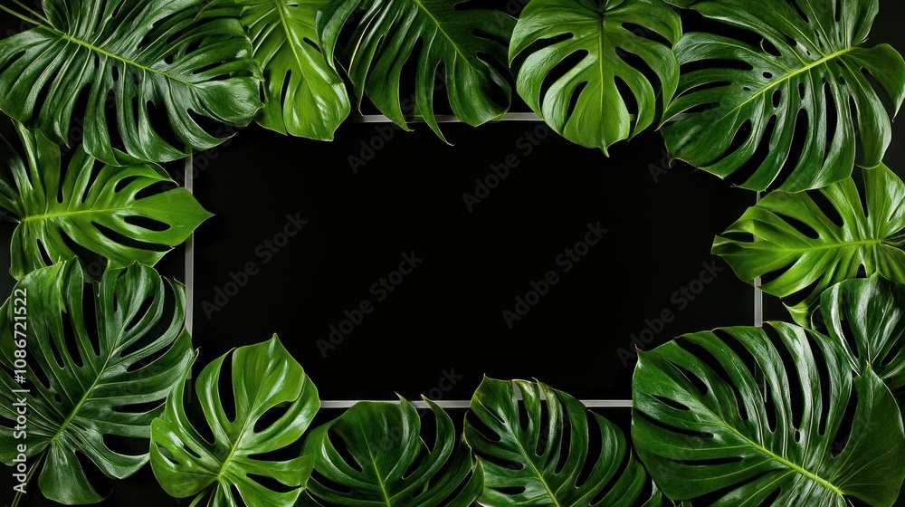 Poster a frame of vibrant green leaves surrounding a blank space on a dark background.