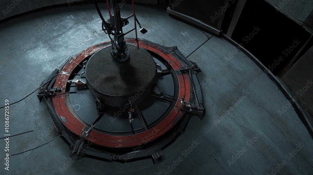 Aufkleber a close-up of a circular industrial mechanism with red accents in a dimly lit environment.