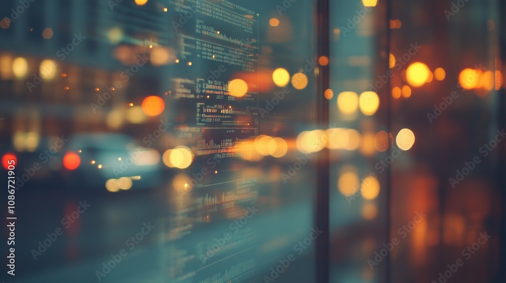 Poster blurred city lights and digital data reflections create a modern urban atmosphere.