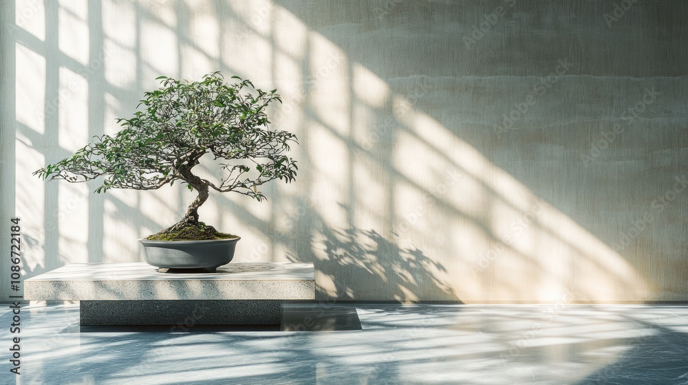 Poster A serene bonsai tree displayed in a minimalist interior with soft shadows.