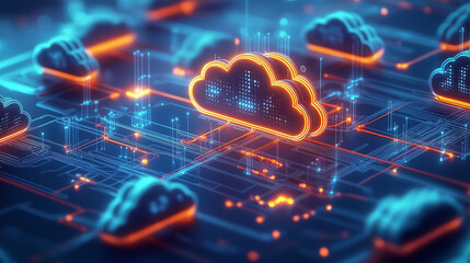 High-Tech Cloud Network Visualization with Neon Lines Indicating Data Movement