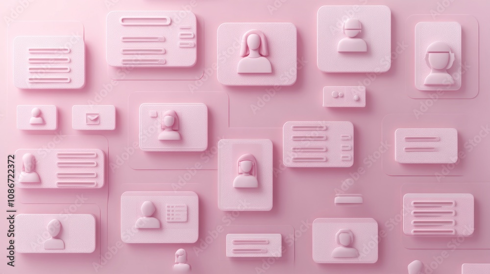 Poster A collection of pink user interface elements representing profiles and data.