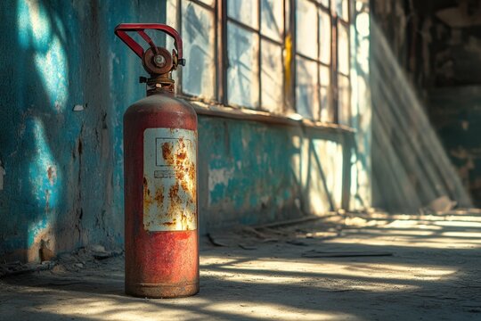 An old, rusted fire extinguisher in an abandoned building, with sunlight streaming through broken windows. This image highlights decay, neglect, and the forgotten necessity of safety equipment