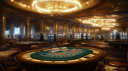Obraz premium Opulent Casino Scene with Golden Decor, Poker Table, and Slot Machines