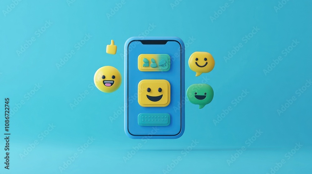 Poster a colorful smartphone design featuring cheerful emojis and chat bubbles.