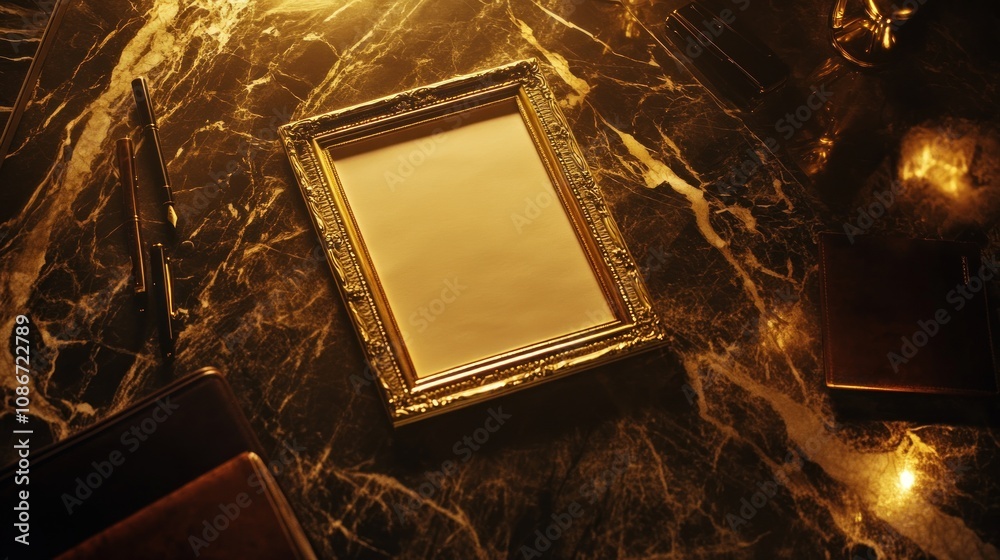 Poster an empty ornate frame rests on a glossy marble surface, suggesting potential for creativity.