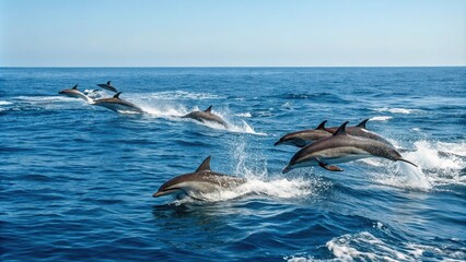 * A pod of dolphins swimming together in the open ocean, waves, aquatic