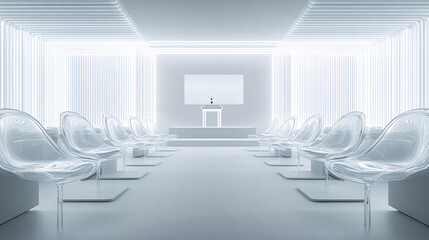 Fototapeta premium Rows of Transparent Floating Chairs in a Futuristic Seminar Room, with Speakers Addressing the Audience from a Hovering Podium 
