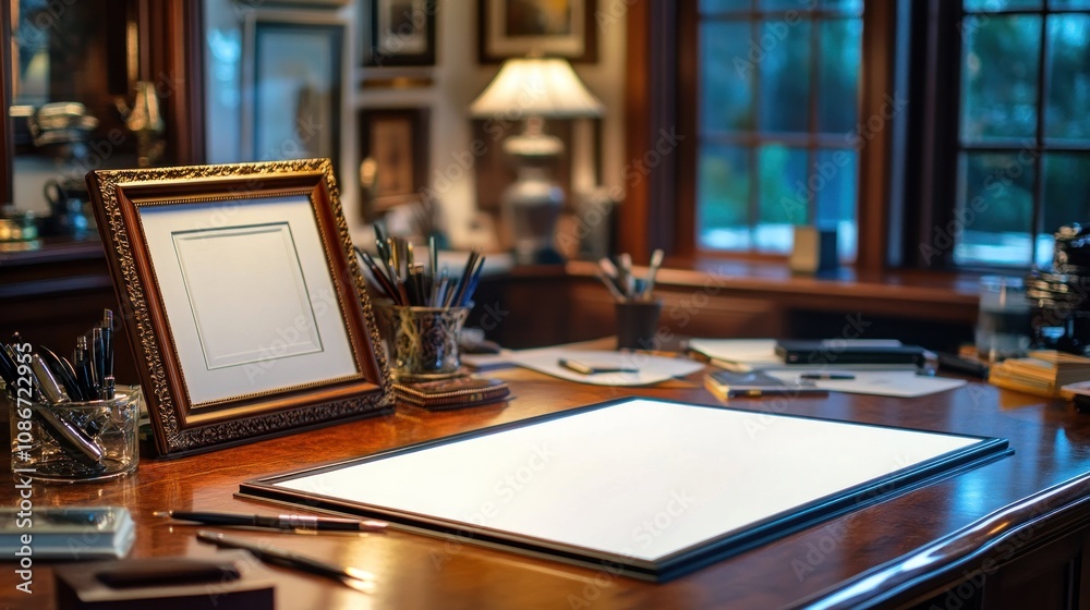 Aufkleber a creative workspace featuring an empty frame and art supplies on a wooden desk.