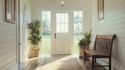 Farmhouse entry with a wooden bench and shiplap walls for rural charm.