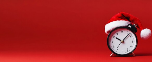 Black and white clock with a red hat on top of it. The clock is set to the time of 10:10