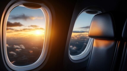 Naklejka premium In-flight sunset view airplane interior travel photography sky perspective