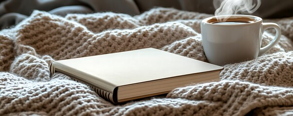 A serene scene of a closed notebook resting on a cozy blanket with a steaming cup of coffee nearby