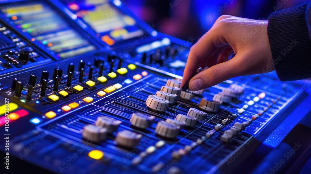 Aufkleber A close-up of a hand adjusting audio controls on a mixing console during a performance.