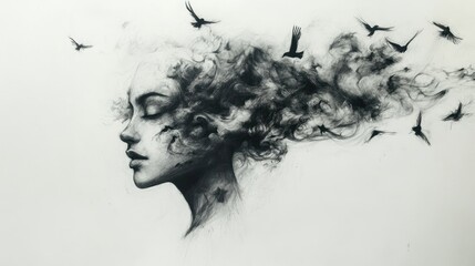 Fototapeta premium Woman Transformed into Smoke and Birds