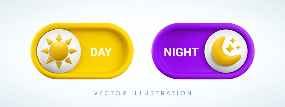 Vector cartoon 3d day and night mode switch button. Realistic 3d yellow light theme toggle and violet dark mode slider with sun and moon. Funny design element set for mobile app interface, web, game.