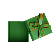 Open green gift box with golden ribbon, 3d rendering