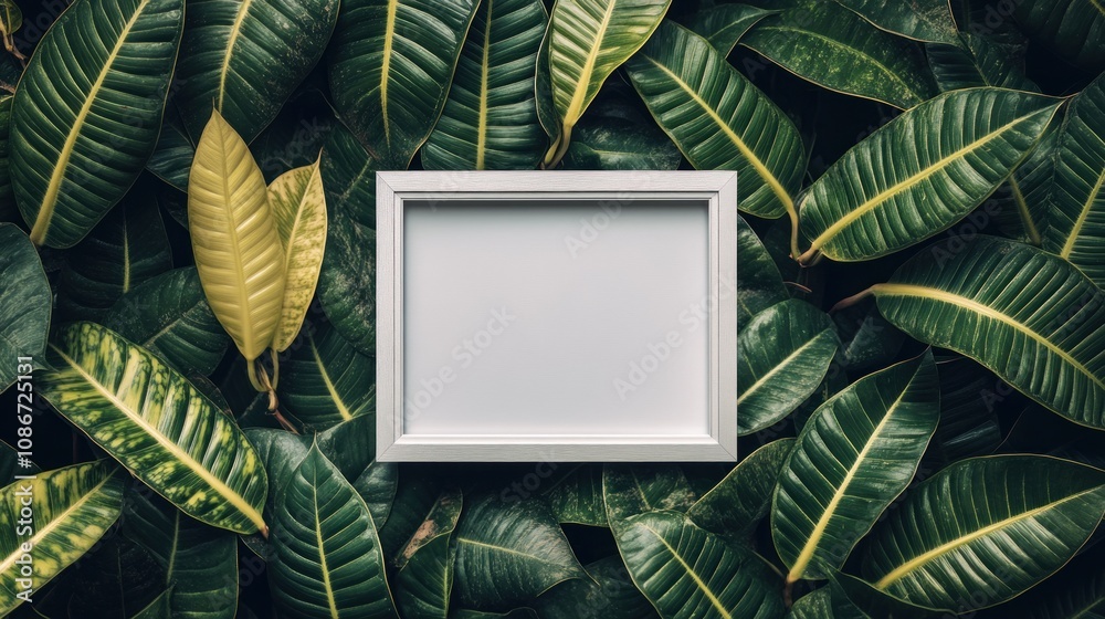 Poster a blank white frame surrounded by lush green leaves, creating a natural backdrop for display.