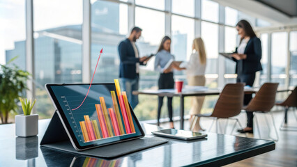 dynamic bar graph emerging from tablet screen in modern office setting